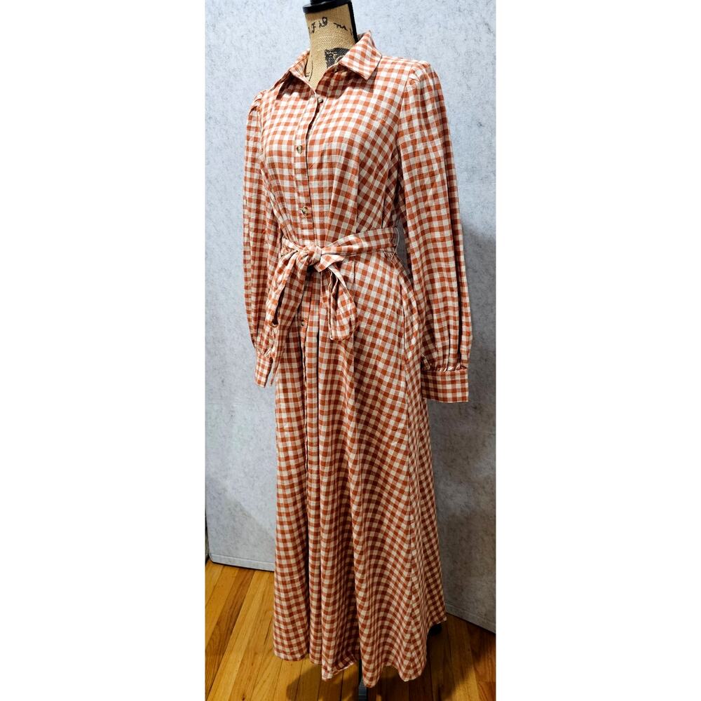 Love Wednesday Gingham Daydream Maxi Shirt Dress Belted Orange Size L - Picture 9 of 11